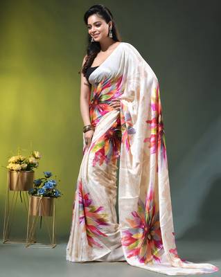 Beige chinon silk saree with vibrant floral print 3
