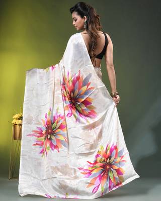Beige chinon silk saree with vibrant floral print 4