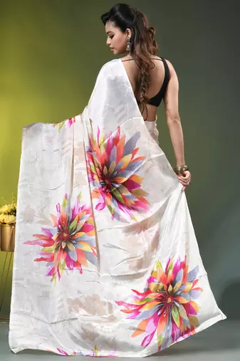 Beige chinon silk saree with vibrant floral print