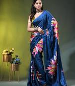 Sapphire blue chinon silk saree with vibrant floral print