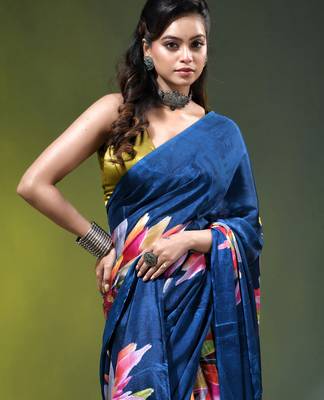 Sapphire blue chinon silk saree with vibrant floral print 2