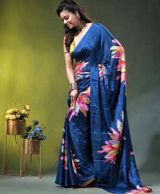 Sapphire blue chinon silk saree with vibrant floral print 3