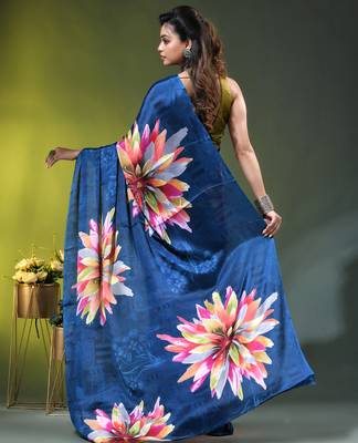 Sapphire blue chinon silk saree with vibrant floral print 4