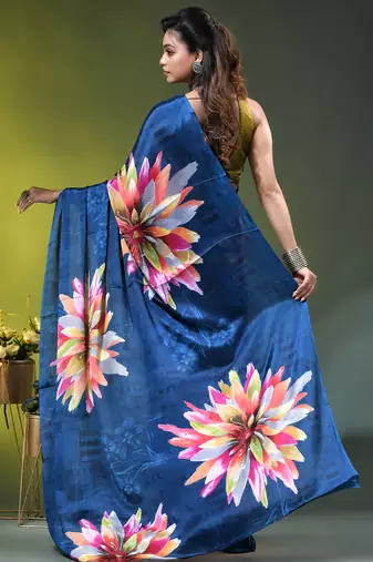 Sapphire blue chinon silk saree with vibrant floral print