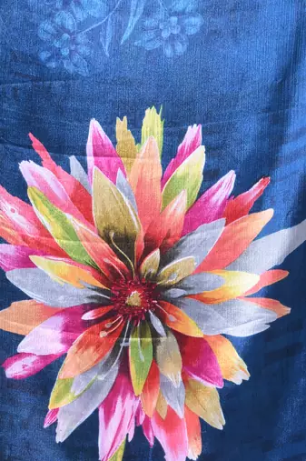 Sapphire blue chinon silk saree with vibrant floral print