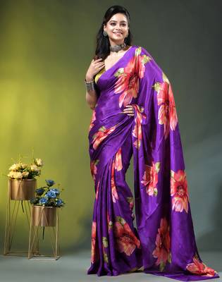 Purple chinon silk saree with vibrant floral print 1