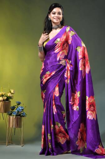 Purple chinon silk saree with vibrant floral print