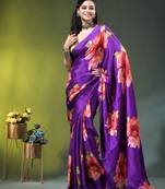Purple chinon silk saree with vibrant floral print