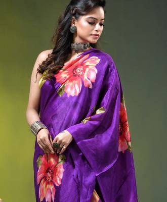 Purple chinon silk saree with vibrant floral print 2