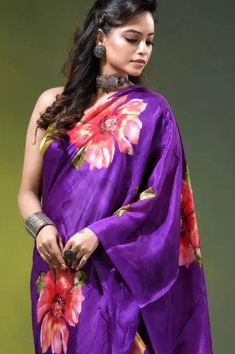 Purple chinon silk saree with vibrant floral print