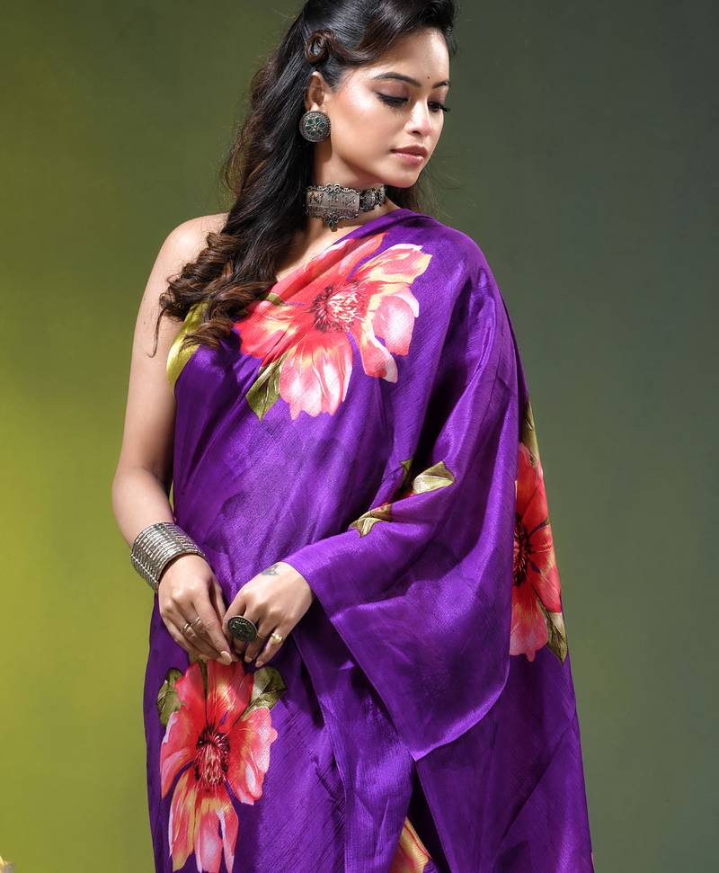 Purple chinon silk saree with vibrant floral print