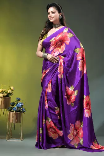 Purple chinon silk saree with vibrant floral print