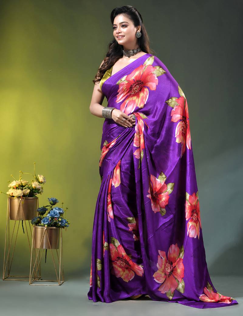 Purple chinon silk saree with vibrant floral print