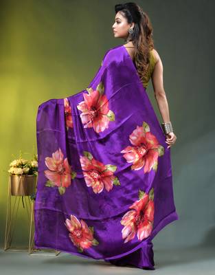Purple chinon silk saree with vibrant floral print 4