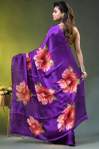 Purple chinon silk saree with vibrant floral print