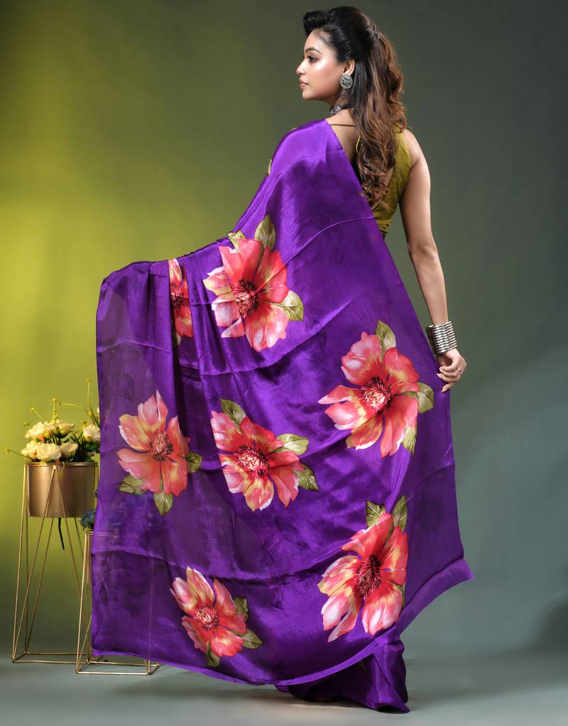 Purple chinon silk saree with vibrant floral print