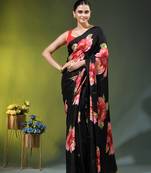 Black chinon silk saree with vibrant floral print