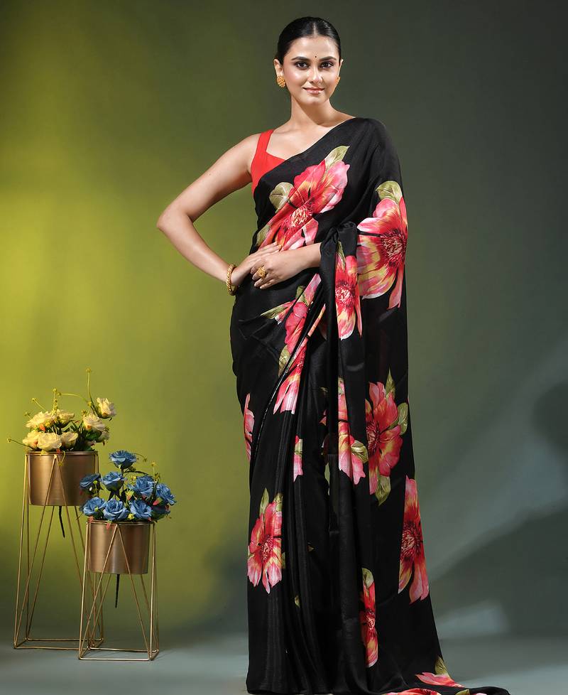 Black chinon silk saree with vibrant floral print