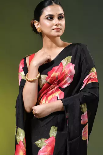Black chinon silk saree with vibrant floral print