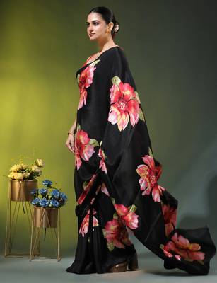 Black chinon silk saree with vibrant floral print 3
