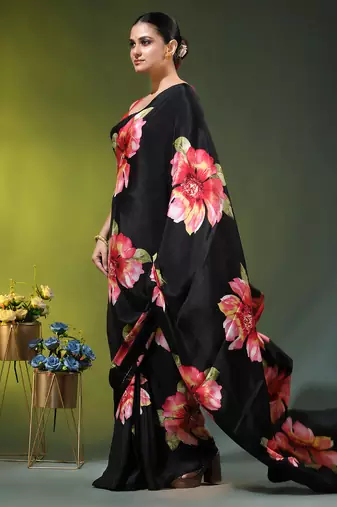 Black chinon silk saree with vibrant floral print