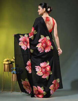 Black chinon silk saree with vibrant floral print 4