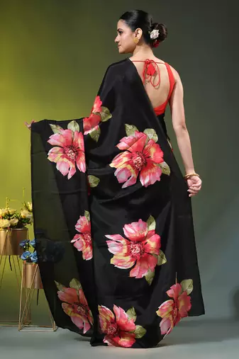 Black chinon silk saree with vibrant floral print