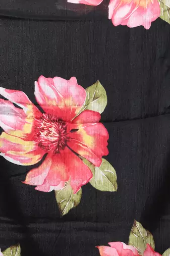 Black chinon silk saree with vibrant floral print