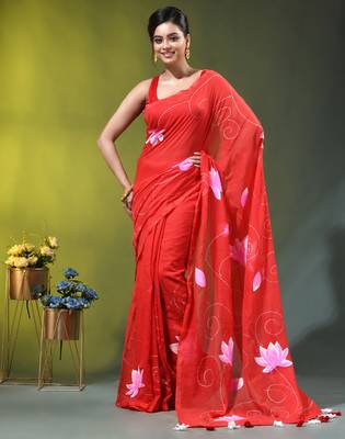red mulmul cotton blend saree with lotus bloom print 1