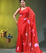 red mulmul cotton blend saree with lotus bloom print