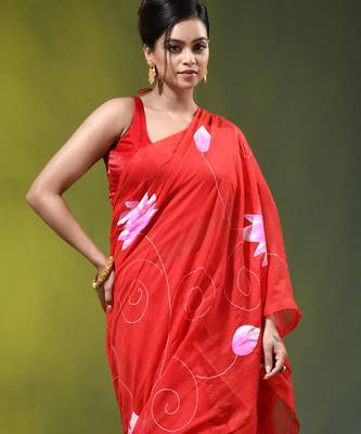 red mulmul cotton blend saree with lotus bloom print 2