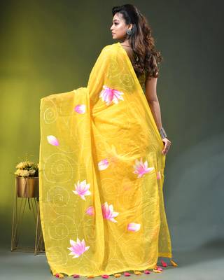 yellow mulmul cotton blend saree with lotus bloom print 4