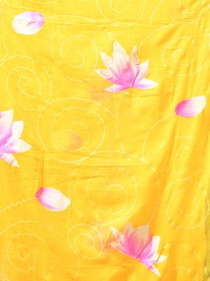 yellow mulmul cotton blend saree with lotus bloom print 5