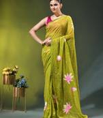 lime green mulmul cotton blend saree with lotus bloom print