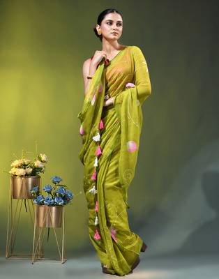 lime green mulmul cotton blend saree with lotus bloom print 2