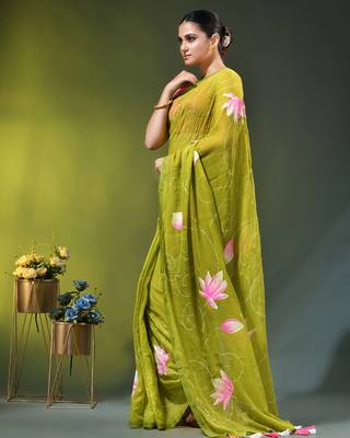 lime green mulmul cotton blend saree with lotus bloom print 3