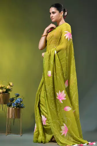 lime green mulmul cotton blend saree with lotus bloom print