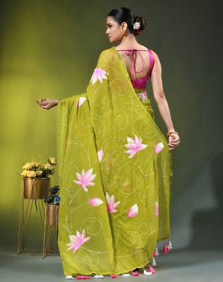 lime green mulmul cotton blend saree with lotus bloom print 4