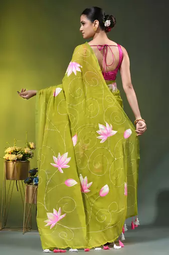 lime green mulmul cotton blend saree with lotus bloom print