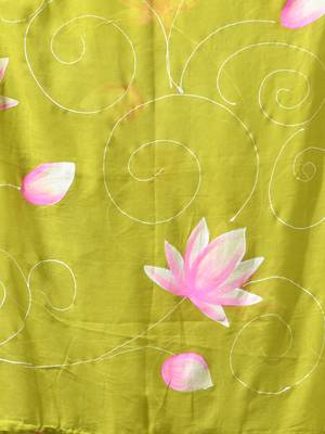 lime green mulmul cotton blend saree with lotus bloom print 5