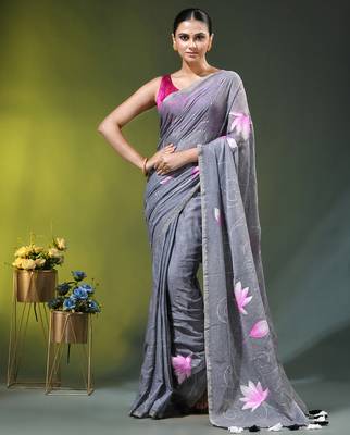 grey mulmul cotton blend saree with lotus bloom print 1
