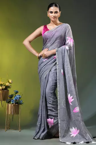 grey mulmul cotton blend saree with lotus bloom print