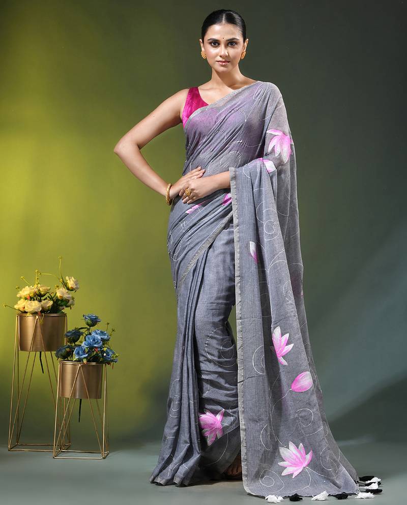 grey mulmul cotton blend saree with lotus bloom print