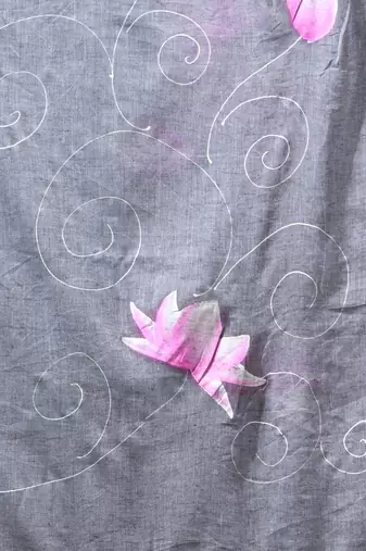 grey mulmul cotton blend saree with lotus bloom print