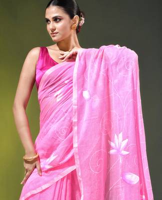 light pink mulmul cotton blend saree with lotus bloom print 2