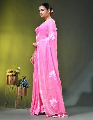 light pink mulmul cotton blend saree with lotus bloom print 3