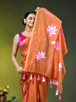 orange mulmul cotton blend saree with lotus bloom print 2