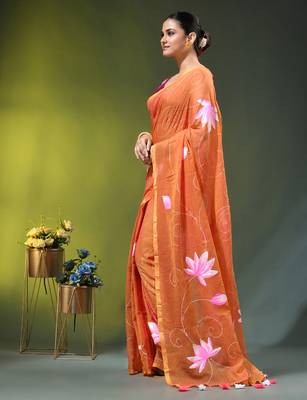 orange mulmul cotton blend saree with lotus bloom print 3