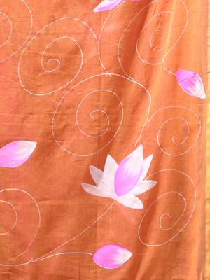 orange mulmul cotton blend saree with lotus bloom print 5