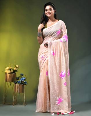 beige mulmul cotton blend saree with lotus bloom print 1